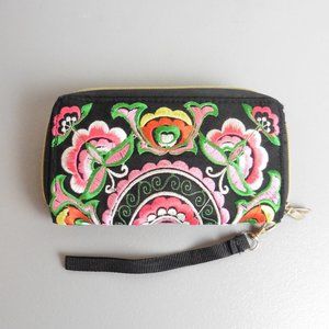 Mexican embroidered wallet wristlet 8"x5"x1" black mulicolor floral